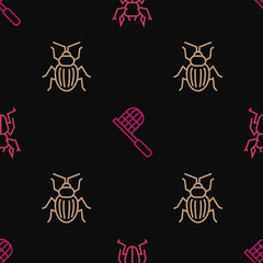 Poster - Set line Beetle deer, Chafer beetle and Butterfly net on seamless pattern. Vector