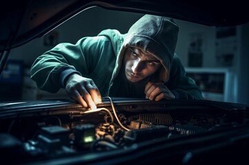 Poster - Car mechanic works at night garage. Motor shop repair auto service. Generate Ai