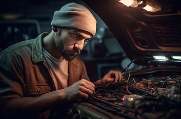 Poster - Car mechanic works in garage lights. Auto engine vehicle worker fix. Generate Ai