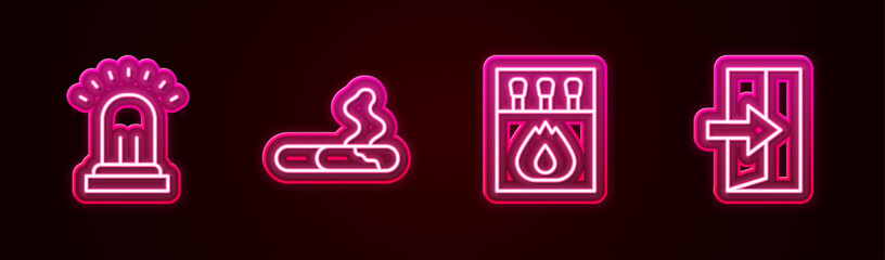 Wall Mural - Set line Ringing alarm bell, Cigarette, Matchbox and matches and Fire exit. Glowing neon icon. Vector