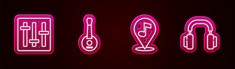 Poster - Set line Sound mixer controller, Banjo, Location musical note and Headphones. Glowing neon icon. Vector