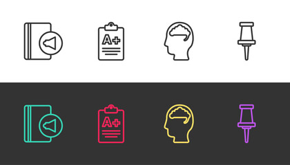 Poster - Set line Audio book, Exam sheet with plus grade, Human brain and Push pin on black and white. Vector