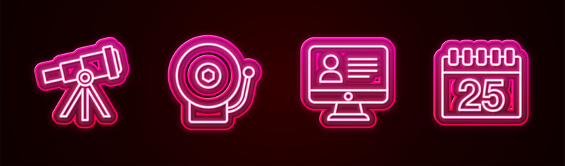 Poster - Set line Telescope, Ringing alarm bell, Online class and Calendar. Glowing neon icon. Vector