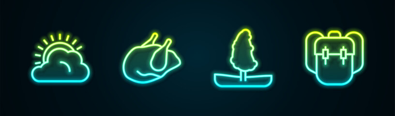 Poster - Set line Sun and cloud weather, Roasted turkey or chicken, Tree and School backpack. Glowing neon icon. Vector