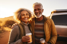 Portrait Of Happy Senior Couple Standing By Car With Cups With Hot Drinks Looking At Camera.