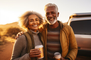 Wall Mural - Portrait of happy senior couple standing by car with cups with hot drinks looking at camera.