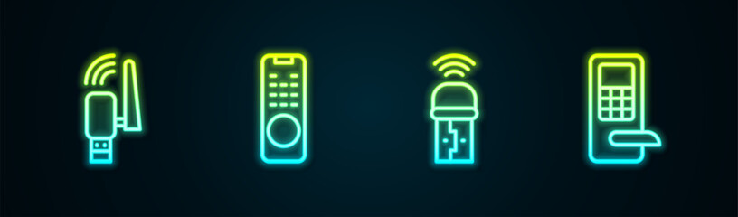 Poster - Set line Usb wireless adapter, Remote control, and Digital door lock. Glowing neon icon. Vector