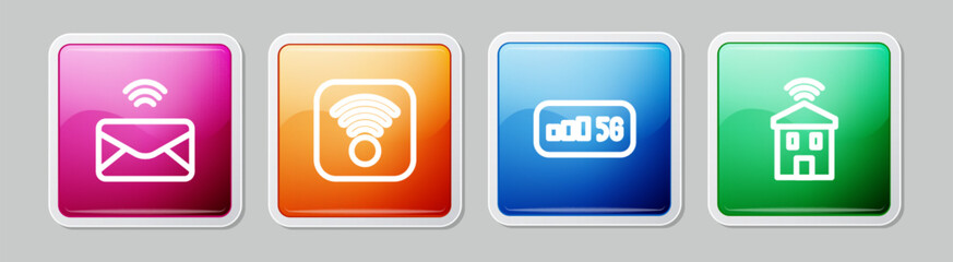 Sticker - Set line Mail and e-mail, Wi-Fi wireless internet, 5G and Smart home with wi-fi. Colorful square button. Vector