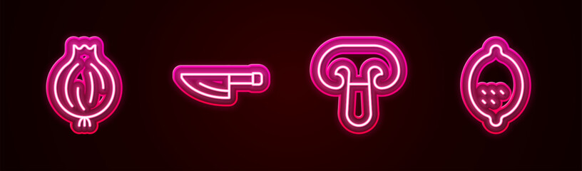 Poster - Set line Garlic, Knife, Mushroom and Lemon. Glowing neon icon. Vector