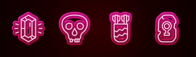 Wall Mural - Set line Gem stone, Skull, Quiver with arrows and Magic rune. Glowing neon icon. Vector