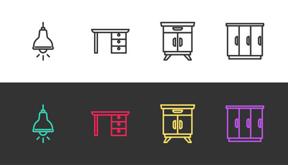 Poster - Set line Lamp hanging, Office desk, Furniture nightstand and Wardrobe on black and white. Vector