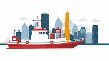 Tug Boat With A Cityscape Skyline, On White Isolated Background, Vector Style