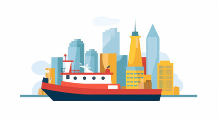 Sticker - tug boat with a cityscape skyline, on white isolated background, vector style