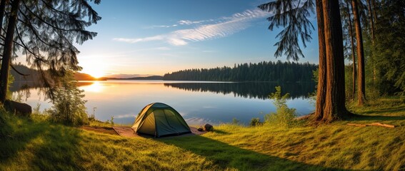 Canvas Print - Camping tent on the shore of a lake at sunset.