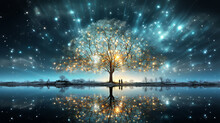 "Galactic Bloom"
Short Description: A Tree Glimmers With Light Against A Canvas Of Stars, Reflecting On Water.
