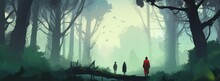 Digital Illustration Painting - A Family In The Woods, Huge Trees And Mist, Generative AI