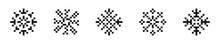  Pixel Snowflakes Icon Collection. Pixel Art Snowflake Icon Set. Flat Black Snowflake Icons.