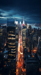 Poster - drone photo of traffic and city skyline at night in Chicago 