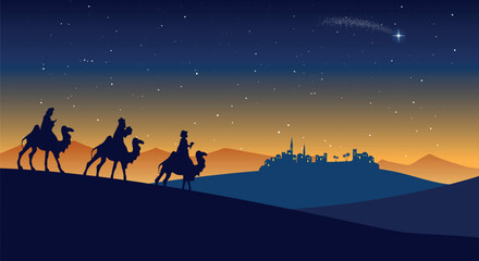Sticker - Christmas Nativity Scene - Three Wise Men go to Bethlehem in the desert at night