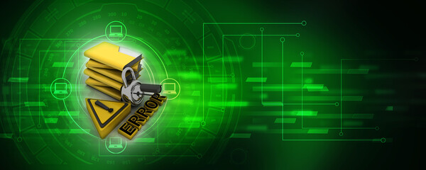 Poster - 3D rendering Yellow folder and lock. Data security concept under CCTV camera