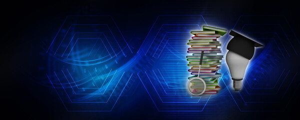 Poster - 3d rendering students education book with graduate cap on cfl bulb