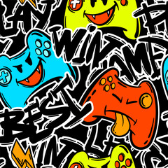 Aufkleber - seamless abstract pattern with colourful joystick game and graffiti words. wallpaper for boys.