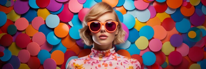 Wall Mural - Woman in Sunglasses Posing in Front of Vibrant Colorful BackgroundWoman in Sunglasses Posing in Front of Vibrant Colorf A woman wearing pink sunglasses standing in front of a multi-coloured background