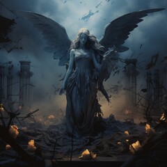 a woman with wings standing in a dark place