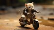adorable cat driving mini motorcycle, copy space, 16:9