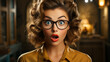 50s pin up style woman with surprised face. Young girl wearing mustard color shirt and with surprised gesture. Conceptual image of admiration, astonishment, surprise, fascination, impression, shock.