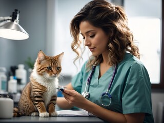 A beautiful female vet nurse doctor examining a cute happy cat making medical tests in a veterinary clinic. animal pet health checkup.
