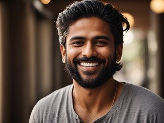 Wall Mural - A closeup photo portrait of a handsome latino man smiling with clean teeth. for a dental ad. guy with long stylish hair and beard with strong jawline. isolated on white background.
