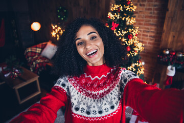 Sticker - Portrait of adorable cheerful girl toothy smile make selfie greeting christmas decorate tree lights flat indoors