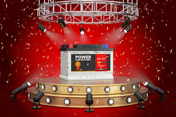 Poster - Rechargeable Car Battery 12V Accumulator with Abstract Label on a Golden Product Presentation Podium Stage with Spotlights. 3d Rendering