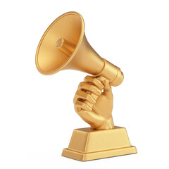 Aufkleber - Golden Business Award Trophy in Shape of Hand with Megaphone. 3d Rendering