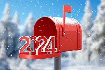Poster - Red Happy New Year 2024 Sign in Christmas Mailbox or Letter Box. 3d Rendering