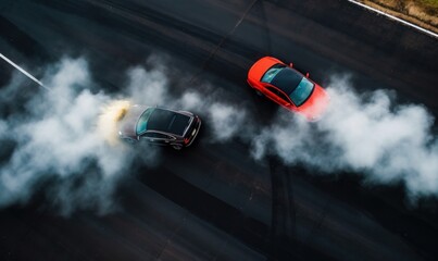 Aerial view two cars drift battle view from above, Activity two cars drift action battle on asphalt race track with abstract smoke, Generative AI 