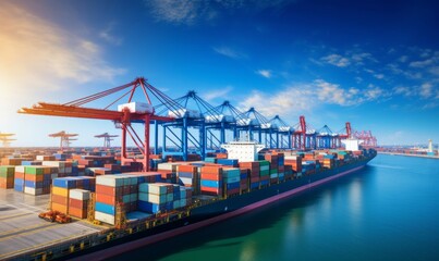 Wall Mural - Global transport cargo and logistic business import and export, Container ship in seaport terminal, Container cargo vessel freight shipping commercial worldwide, Freight transportation, Generative AI 