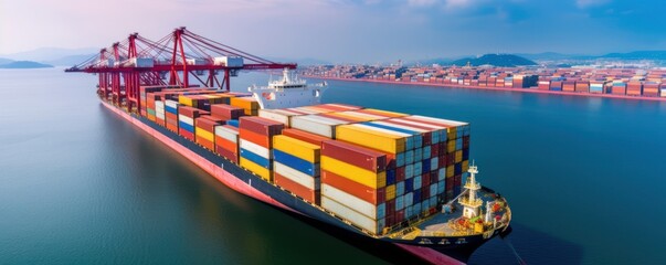 Wall Mural - Aerial view container cargo ship in import export global business commercial trade logistic transportation of international by container cargo ship, Container shipping at industrial, Generative AI 