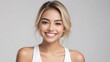 Gorgeous Young Colombian Model Gracing a Dental Ad, Showcasing a Radiant Smile with Immaculate Teeth, Set Against a Pure White Background