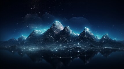 Poster - abstract technology concept: cyberspace landscape grid with mountain mesh background