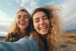 © dark_blade - female friends posing with smile on sky background. AI Generated