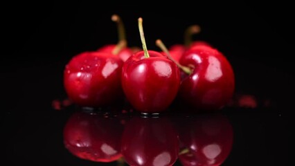 Sticker - Cherries isolated on black background. Fresh ripe Cherry close-up. Rotating Organic red cherries isolated on black background. Heap of juicy organic Berries, vegan food