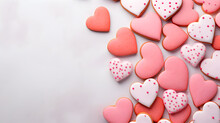 Composition With Decorated Heart Shaped Cookies And Space For Text On Color Background, Top View. Valentine's Day