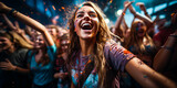 Fototapeta Konie - Real happiness! This young woman is living her best life at a concert surrounded by colorful confetti falling from the sky. Who wouldn't want to be in her place? Party Like Never Before. Concert Vibes