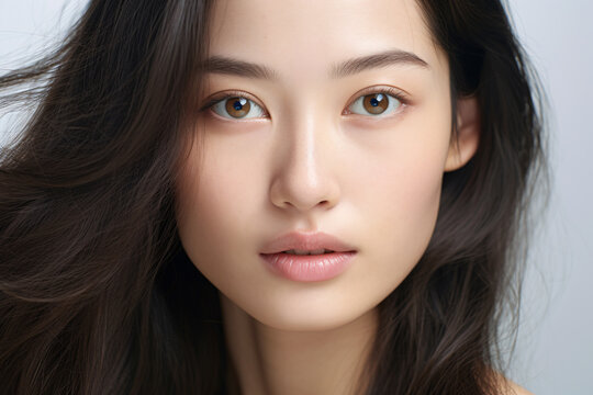 Close up of face of young beautiful natural Asian woman without makeup