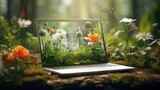 Fototapeta Natura - An image of a nature landscape displayed on a laptop or smartphone screen, surrounded by green plants and flowers, symbolizing the integration of technology with nature.