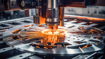 Poster - CNC milling machine cutting the sheet metal with the sparking light. hi-technology automotive part manufacturing process.