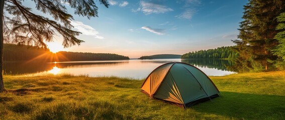 Canvas Print - Camping tent on the shore of a lake at sunset.