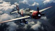 World War II era airplane flying in the clouds. 3d illustration of an old ww2 jet fighter flying above the clouds at sunset. WWII Concept. Military Concept. WW2 Air Force concept.